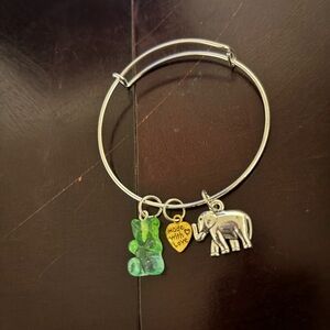 Silver Charm Bracelet with Green Bear and Elephant